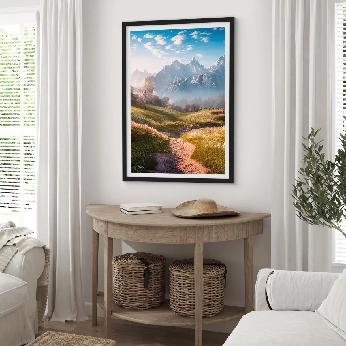 Poster in einem schwarzem Rahmen - Ein Bergpfad, der bei Sonnenaufgang durch ein grünes Tal führt - 50x70cm - Idyllisches Tal - Moderne Wanddekoration für Wohnzimmer und Schlafzimmer ARTTOR