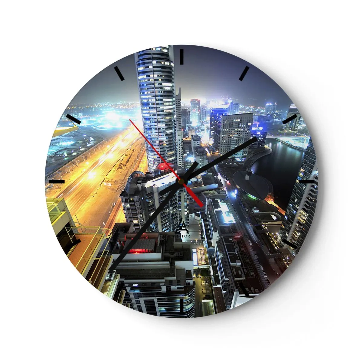 Wanduhr - Glasuhr - Nachtpanorama der Stadt mit Wolkenkratzern und Straßenlaternen - 30x30cm - Ein Wunder in der Wüste - Moderne Wanddekoration für Wohnzimmer, Küche und Schlafzimmer ARTTOR