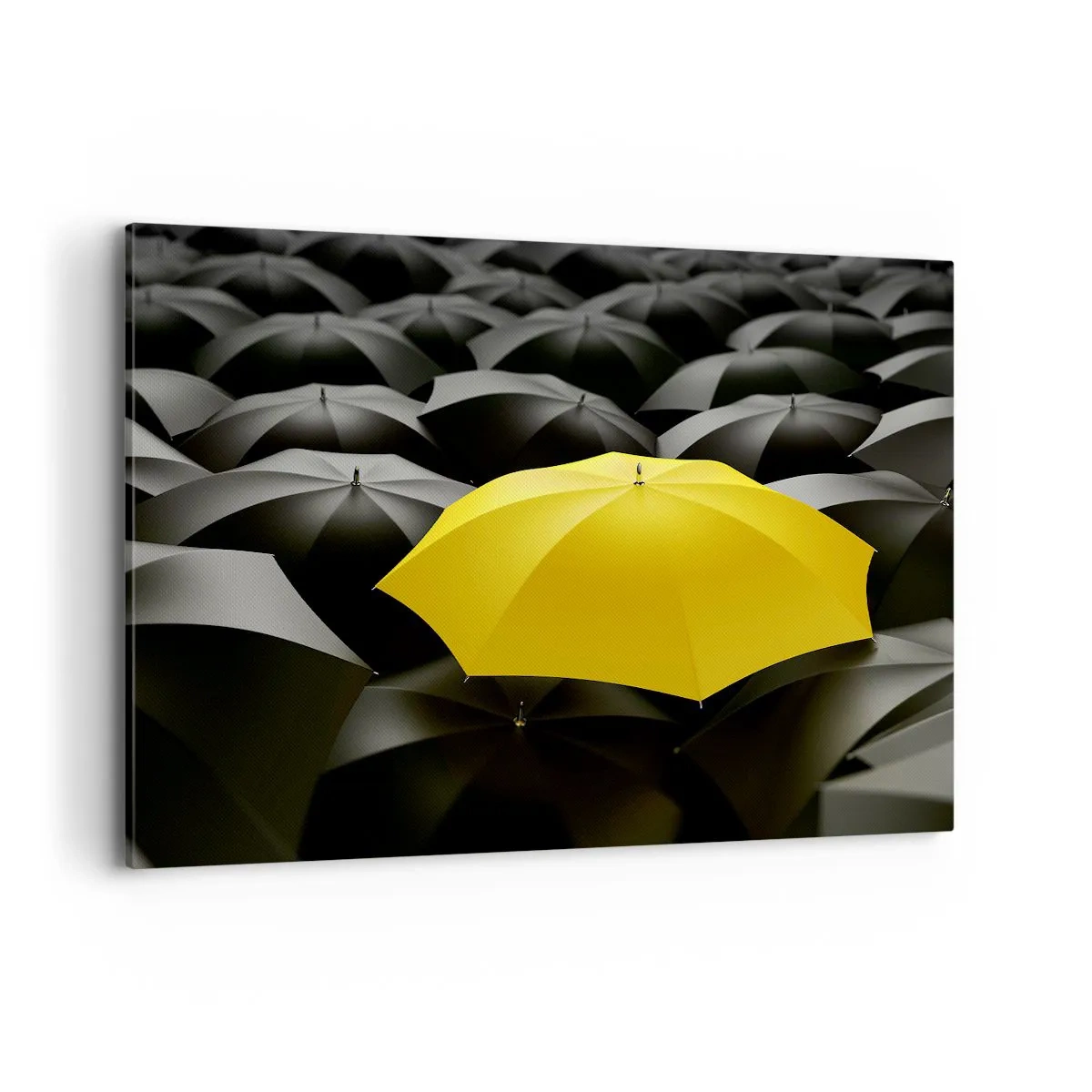 Bild auf Leinwand - Leinwandbild - Ein gelber Regenschirm zwischen schwarzen Regenschirmen - 120x80cm - Auf Wiedersehen Trauer - Moderne Wanddekoration für Wohnzimmer und Schlafzimmer ARTTOR