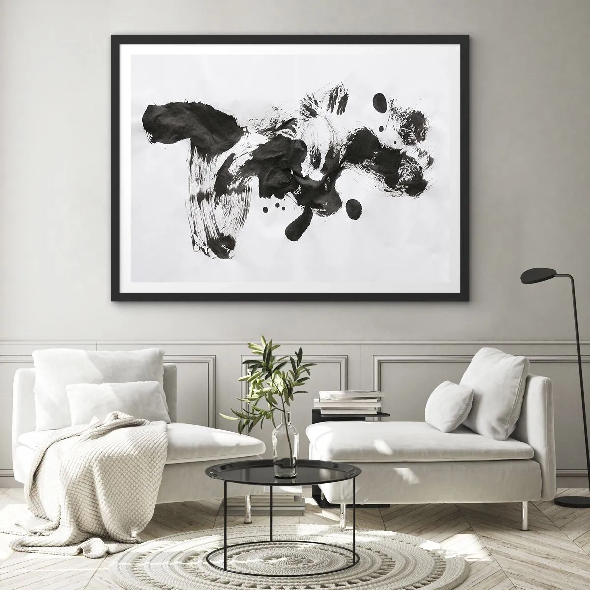 Poster in einem schwarzem Rahmen - Abstrakte Komposition aus schwarzen Flecken auf weißem Hintergrund - 70x50cm - Obwohl das Wahnsinn ist, steckt darin eine Methode? - Moderne Wanddekoration für Wohnzimmer und Schlafzimmer ARTTOR