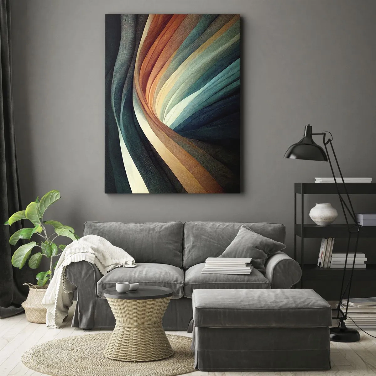 Bild auf Leinwand - Leinwandbild - Abstrakte Wellen in warmen und kühlen Farbtönen - 70x100cm - Aus Farben gewebt - Moderne Wanddekoration für Wohnzimmer und Schlafzimmer ARTTOR