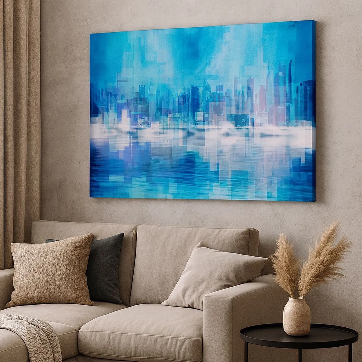 Bild auf Leinwand - Leinwandbild - Abstraktes Stadtpanorama in Blautönen - 70x50cm - In Blau ertrunken - Moderne Wanddekoration für Wohnzimmer und Schlafzimmer ARTTOR