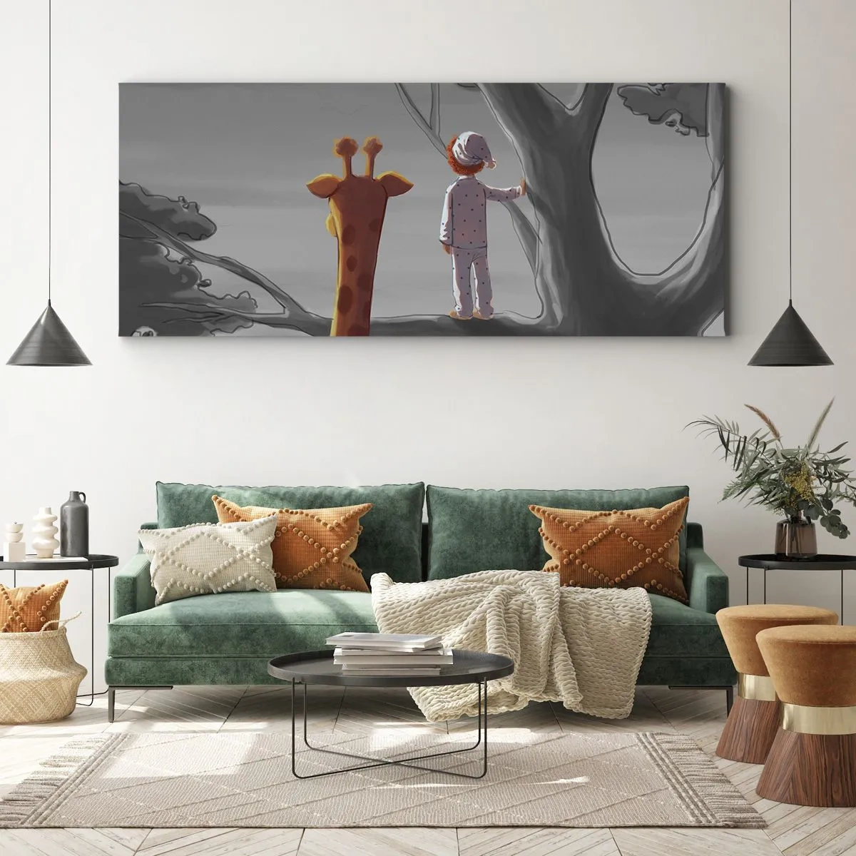 Bild auf Leinwand - Leinwandbild - Ein Kind und eine Giraffe auf einem Ast in einer Märchenlandschaft - 120x50cm - Das passiert wirklich - Moderne Wanddekoration für Wohnzimmer und Schlafzimmer ARTTOR