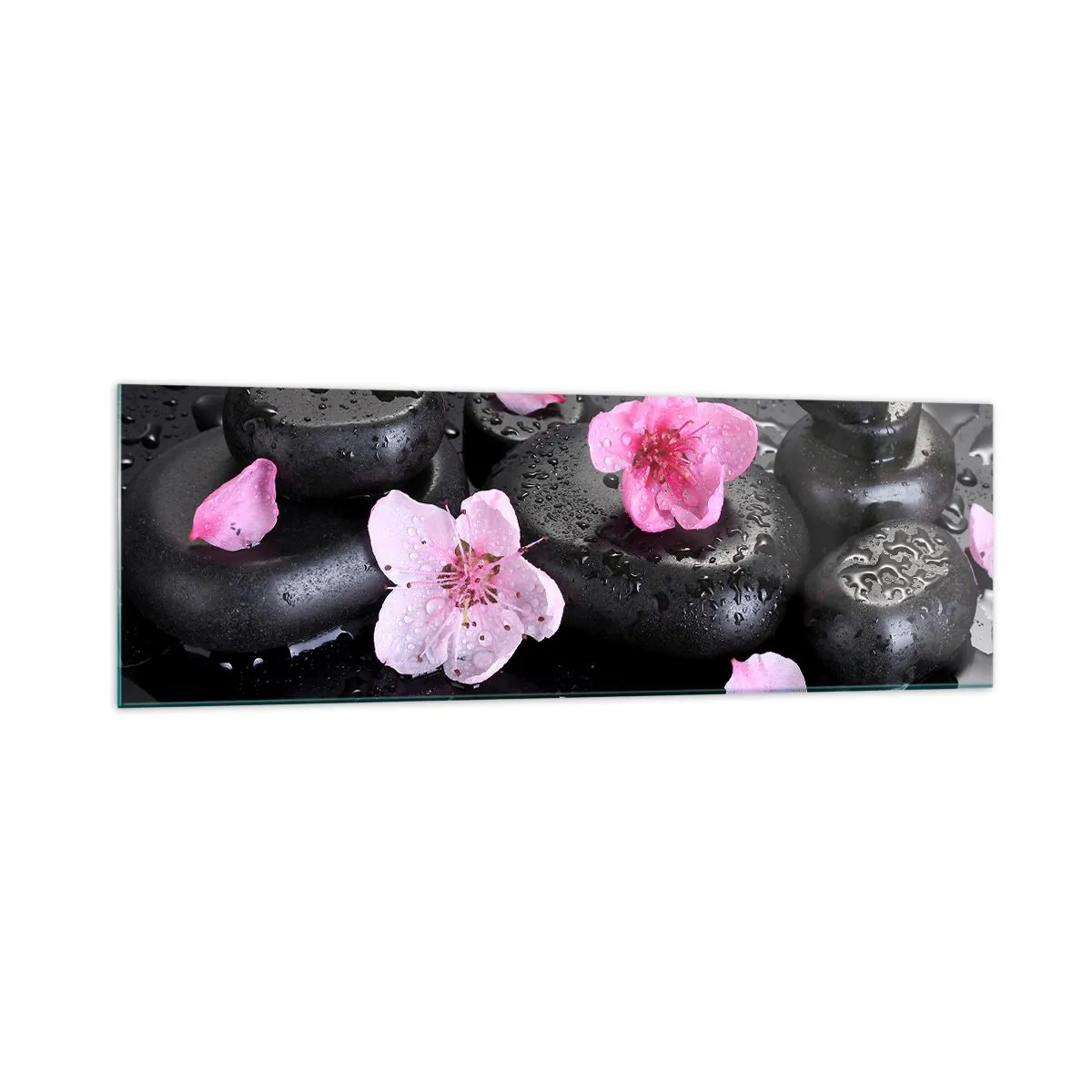 Glasbild - Bild auf glas - Schwarze Steine und rosa Blumen im Spa-Stil - 160x50cm - Und der Stein fällt vom Herzen - Moderne Wanddekoration für Wohnzimmer und Schlafzimmer ARTTOR