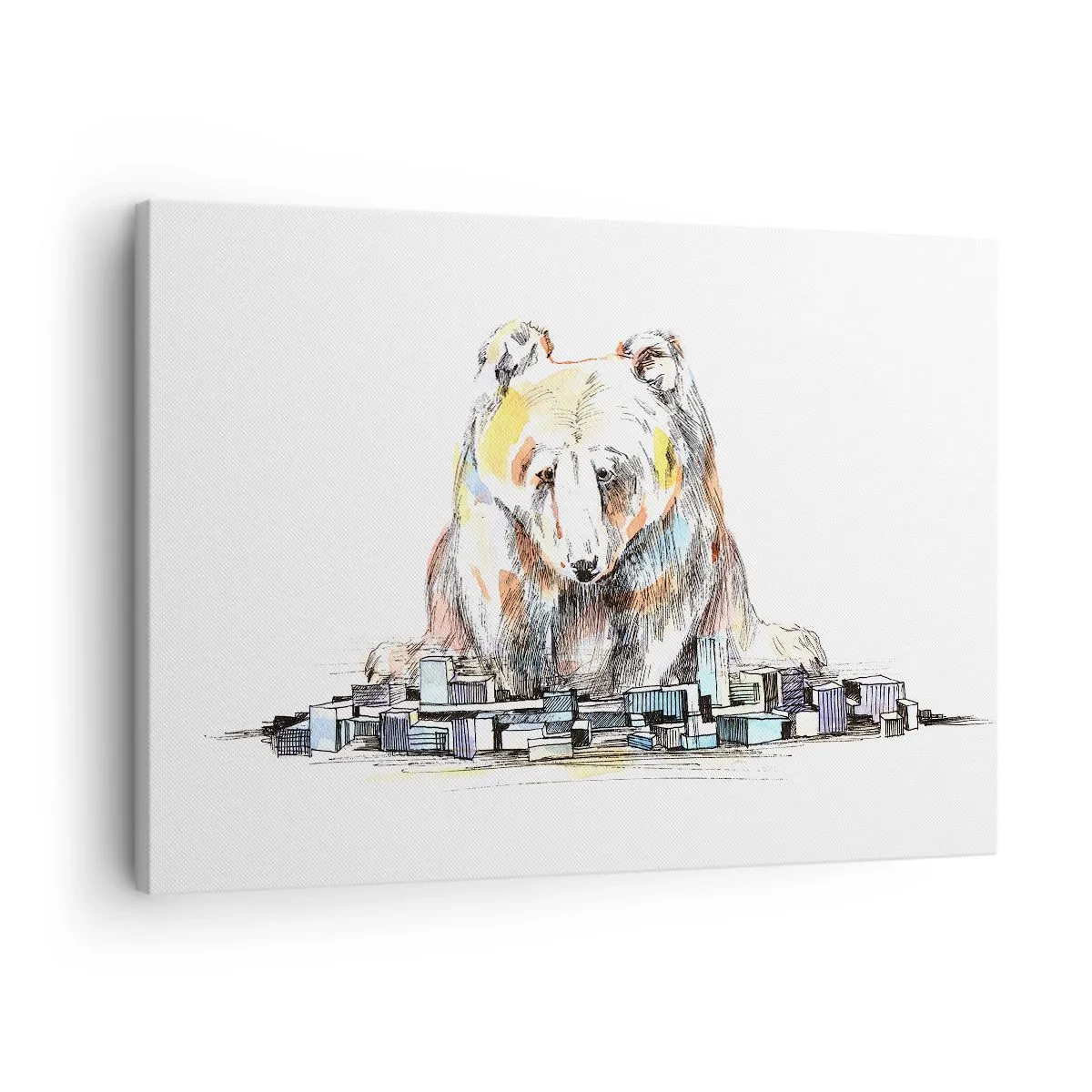 Bild auf Leinwand - Leinwandbild - Illustration eines Bären mit bunten Details und Blöcken - 70x50cm - Wie kann man so leben? - Moderne Wanddekoration für Wohnzimmer und Schlafzimmer ARTTOR