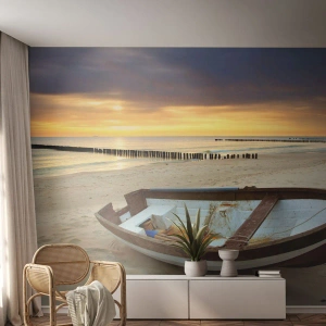 Fototapete Premium Canvas - Ein Boot an einem Sandstrand bei Sonnenuntergang - 100x70cm - Es gibt keine schöneren Strände - Moderne Wanddekoration für Wohnzimmer und Schlafzimmer ARTTOR