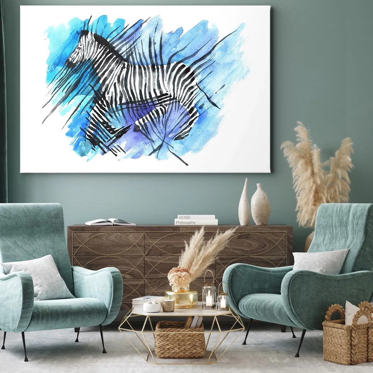 Bild auf Leinwand - Leinwandbild - Aquarell-Illustration eines Zebras vor blauem Himmel - 70x50cm - In Streifen versteckt - Moderne Wanddekoration für Wohnzimmer und Schlafzimmer ARTTOR