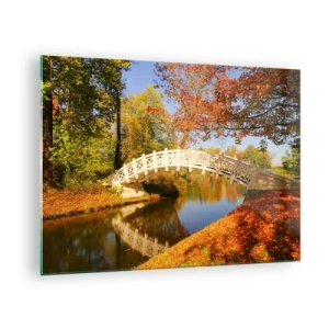 Glasbild - Bild auf glas - Eine Holzbrücke über einen Fluss, umgeben von Herbstfarben - 70x50cm - Auf der weißen Seufzerbrücke - Moderne Wanddekoration für Wohnzimmer und Schlafzimmer ARTTOR
