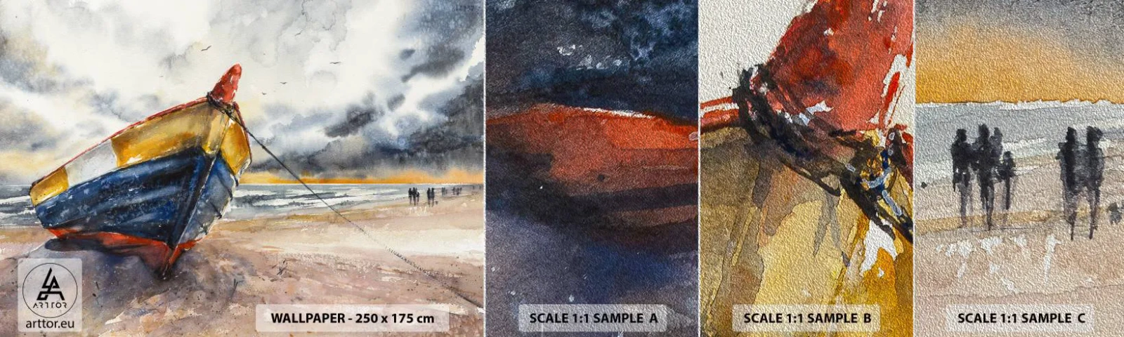 Fototapeten Muster Premium Sand - Erholung am Ufer - Landschaft, Boot, Strand - 100x30 cm