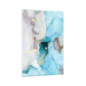 Glasbild - Bild auf glas - Abstraktion in Blau- und Goldtönen mit subtilen Linien - 70x100cm - Eine Studie über das Zusammentreffen von Grau und Türkis - Moderne Wanddekoration für Wohnzimmer und Schlafzimmer ARTTOR