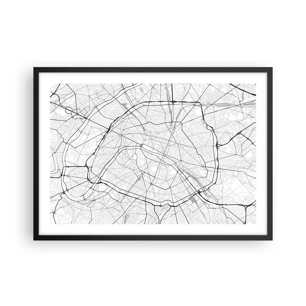 Poster in einem schwarzem Rahmen - Minimalistischer Stadtplan in Schwarz-Weiß - 70x50cm - Pariser Blume - Moderne Wanddekoration für Wohnzimmer und Schlafzimmer ARTTOR