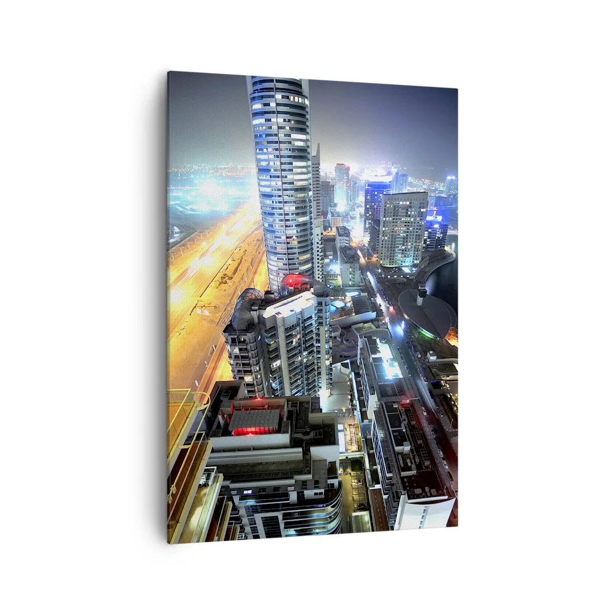 Bild auf Leinwand - Leinwandbild - Panorama der nächtlichen Stadt mit beleuchteten Wolkenkratzern - 70x100cm - Ein Wunder in der Wüste - Moderne Wanddekoration für Wohnzimmer und Schlafzimmer ARTTOR
