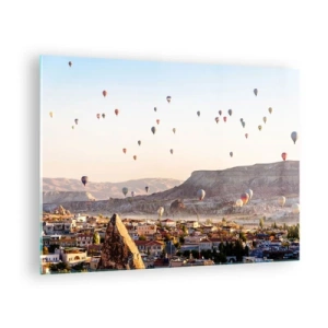 Glasbild - Bild auf glas - Ballonfahrt über Kappadokien im Morgenlicht - 70x50cm - Wie Schiffe am Himmel - Moderne Wanddekoration für Wohnzimmer und Schlafzimmer ARTTOR