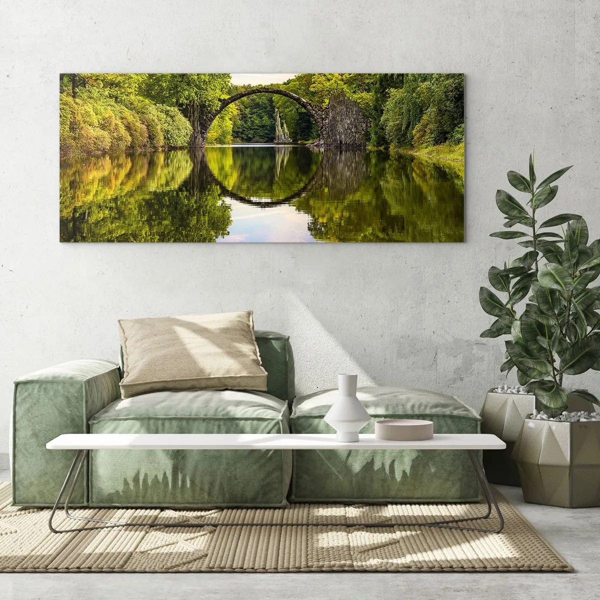 Glasbild - Bild auf glas - Eine Steinbrücke über einen Fluss mit einer perfekten Spiegelung im Wasser - 120x50cm - An der Kreuzung zweier Welten - Moderne Wanddekoration für Wohnzimmer und Schlafzimmer ARTTOR