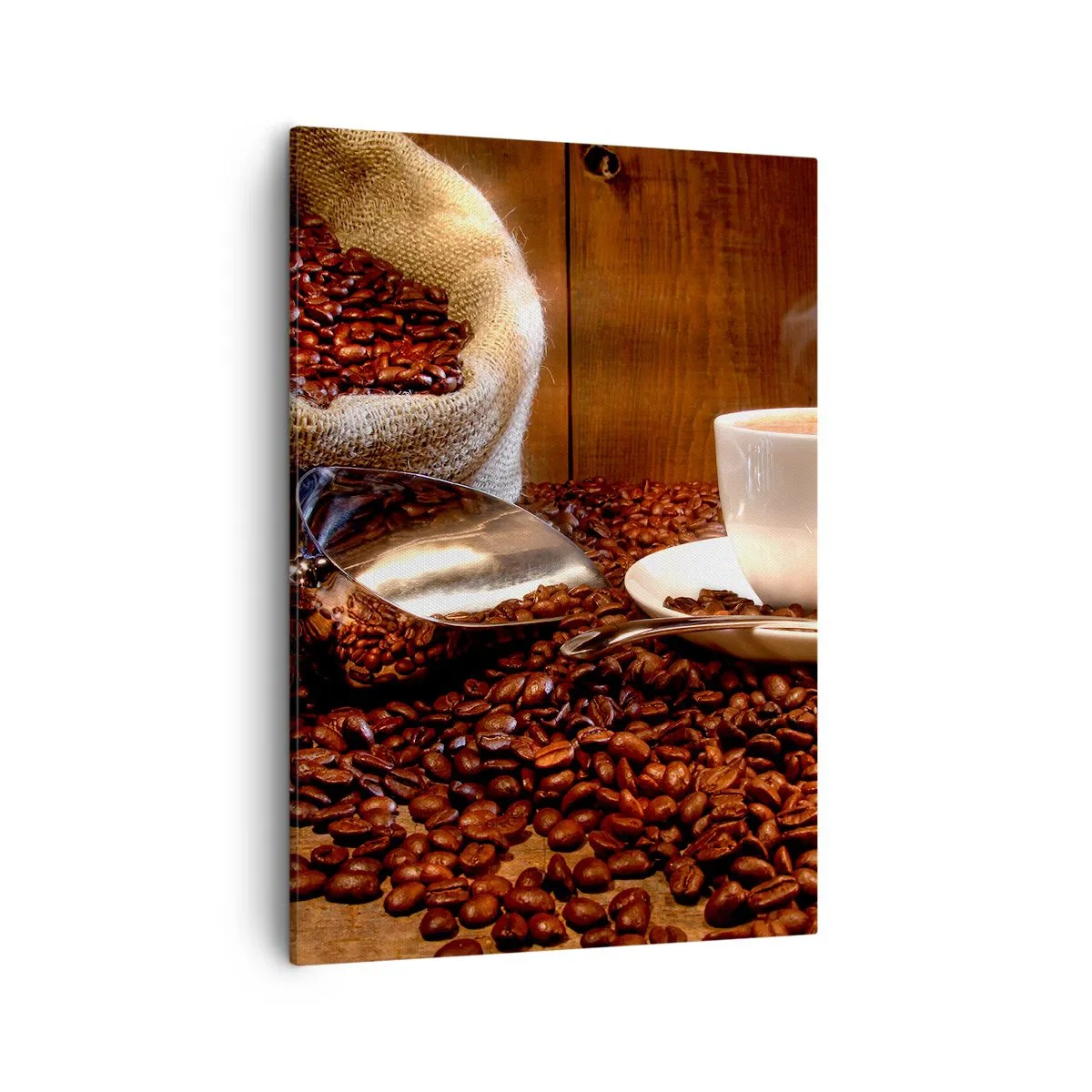 Bild auf Leinwand - Leinwandbild - Eine Tasse Kaffee mit Kaffeebohnen und einem Getreidesack im Hintergrund - 50x70cm - Fühlst du diesen Geruch? - Moderne Wanddekoration für Wohnzimmer und Schlafzimmer ARTTOR