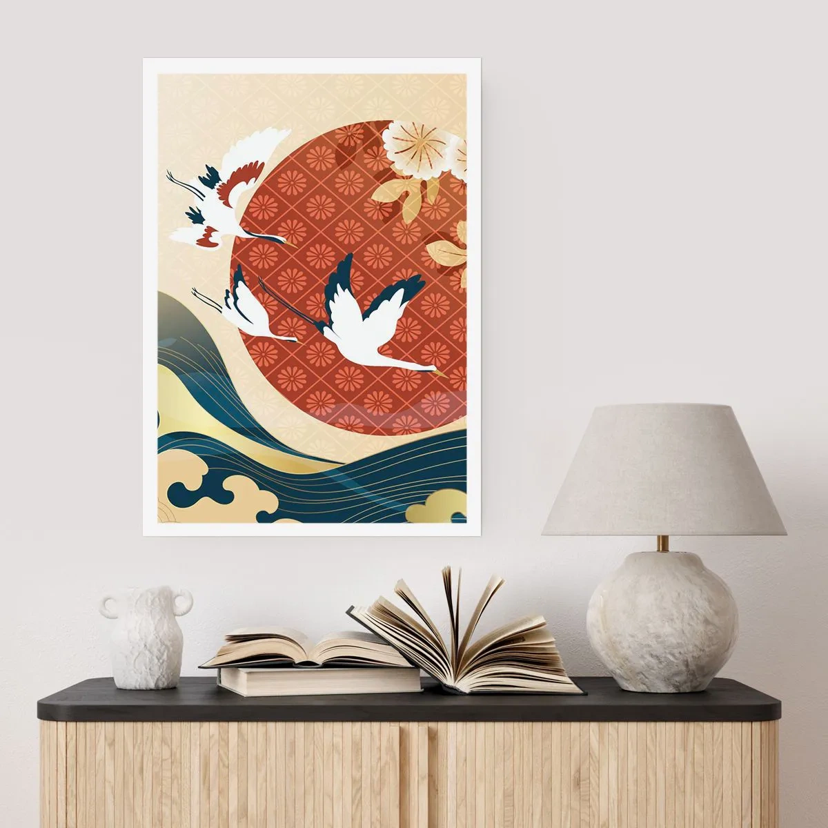 Poster - Japanische Komposition mit Kranichen, Wellen und einem roten Kreis - 50x70cm - Japanisches Märchen - Moderne Wanddekoration für Wohnzimmer und Schlafzimmer ARTTOR