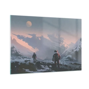 Glasbild - Bild auf glas - Astronauten auf einem fremden Planeten mit einem Schiffswrack im Hintergrund - 100x70cm - Unter einem unbekannten Stern - Moderne Wanddekoration für Wohnzimmer und Schlafzimmer ARTTOR