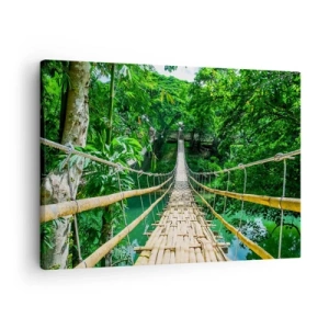 Bild auf Leinwand - Leinwandbild - Eine hängende Bambusbrücke, umgeben von Grün - 70x50cm - Monkey Bridge über das Grün - Moderne Wanddekoration für Wohnzimmer und Schlafzimmer ARTTOR