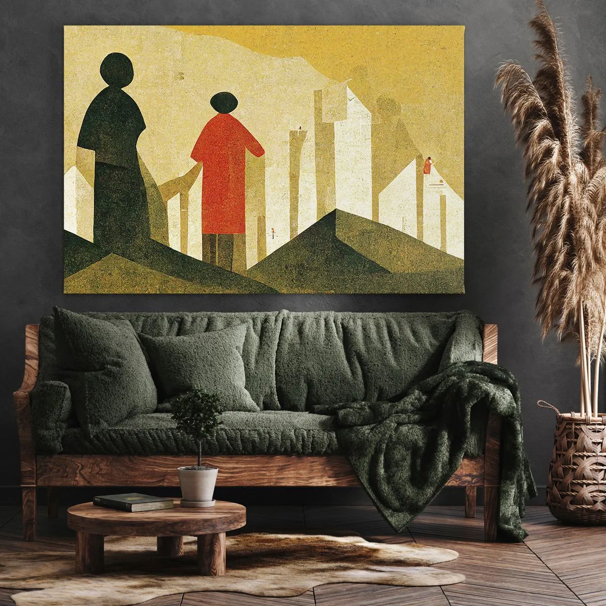 Bild auf Leinwand - Leinwandbild - Geometrische Silhouetten in Rot und Grün auf gelbem Hintergrund - 100x70cm - Es ist noch ein langer Weg - Moderne Wanddekoration für Wohnzimmer und Schlafzimmer ARTTOR