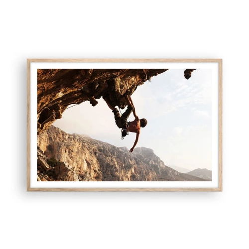 Poster in einem Rahmen aus heller Eiche - Die Welt ist in einer Hand auf einem Felsblock geschrumpft - 91x61 cm