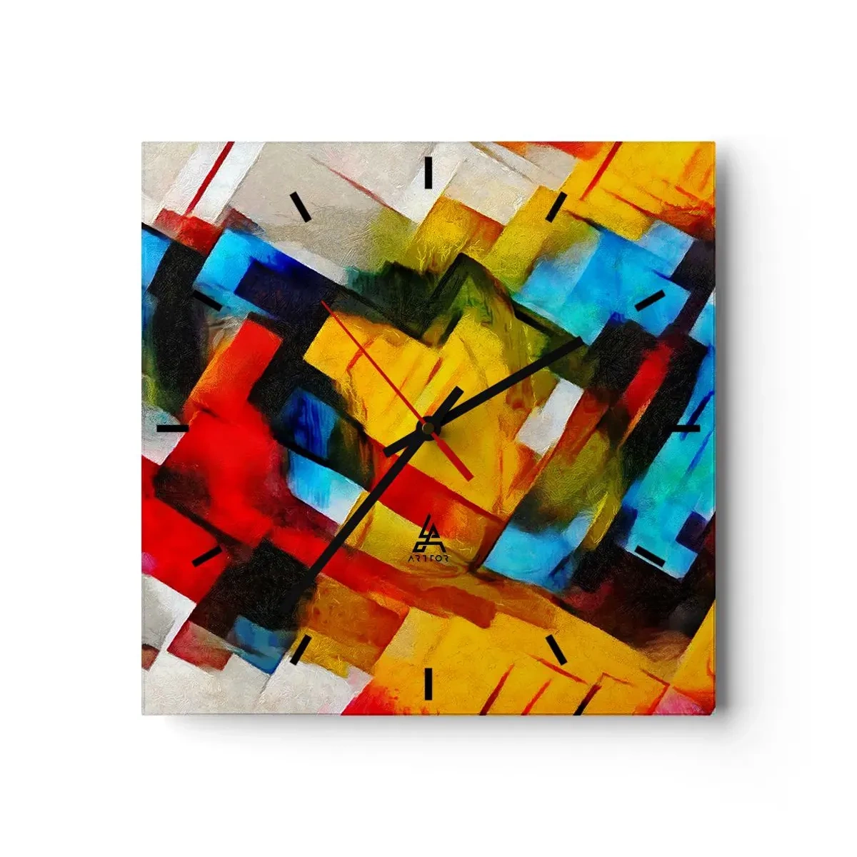 Wanduhr - Glasuhr - Abstrakte geometrische Komposition in lebendigen Farben - 30x30cm - Ein bunter Interleaver - Moderne Wanddekoration für Wohnzimmer und Schlafzimmer ARTTOR