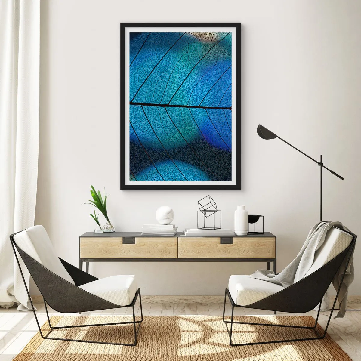 Poster in einem schwarzem Rahmen - Nahaufnahme eines blauen Blattes mit markanten Adern - 50x70cm - Komplizierte Konstruktion - Moderne Wanddekoration für Wohnzimmer und Schlafzimmer ARTTOR