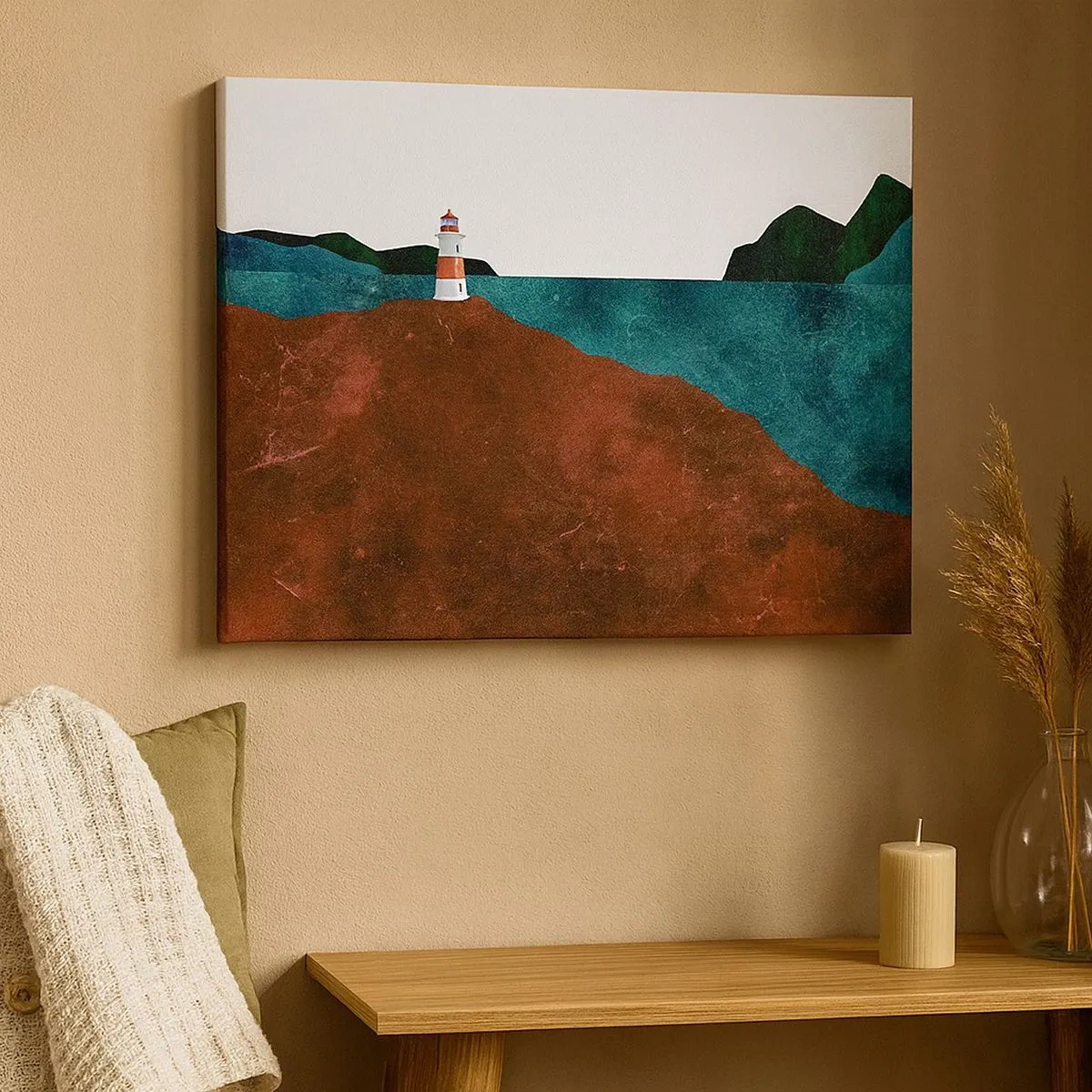 Bild auf Leinwand - Leinwandbild - Ein Leuchtturm vor der Kulisse von Bergen und Meer - 70x50cm - Aufs Meer starren - Moderne Wanddekoration für Wohnzimmer und Schlafzimmer ARTTOR