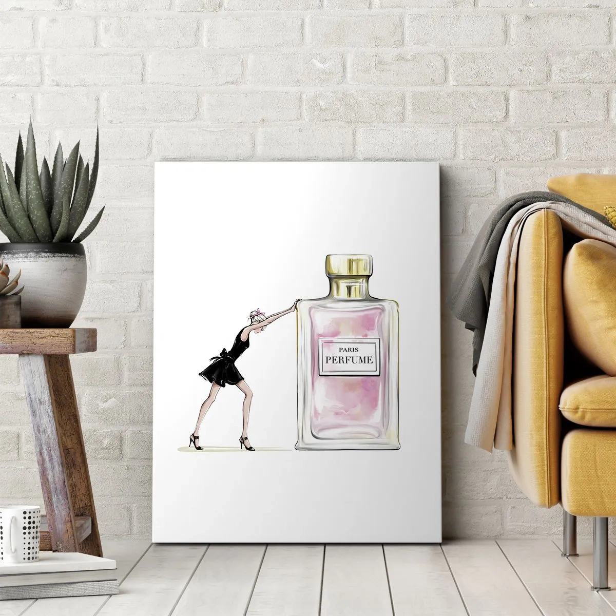 Bild auf Leinwand - Leinwandbild - Eine Frau in einem schwarzen Kleid neben einer Parfümflasche - 50x70cm - Essenz der Weiblichkeit - Moderne Wanddekoration für Wohnzimmer und Schlafzimmer ARTTOR