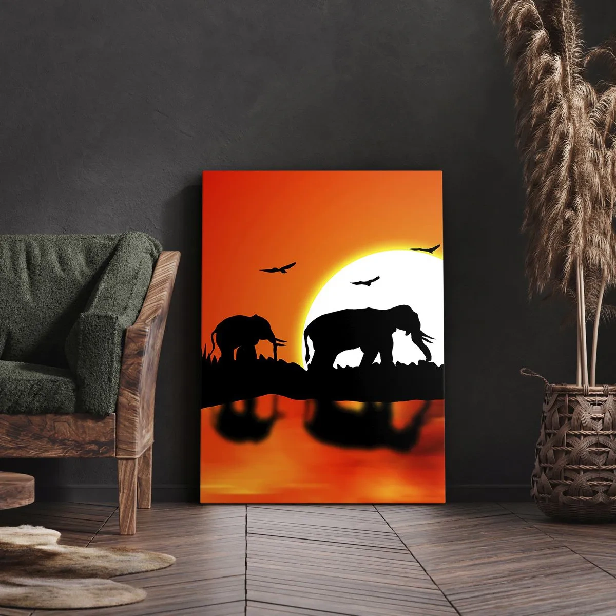 Bild auf Leinwand - Leinwandbild - Silhouetten von Elefanten bei Sonnenuntergang über dem Wasser mit Reflexion - 50x70cm - Und abends einen kleinen Drink trinken - Moderne Wanddekoration für Wohnzimmer und Schlafzimmer ARTTOR