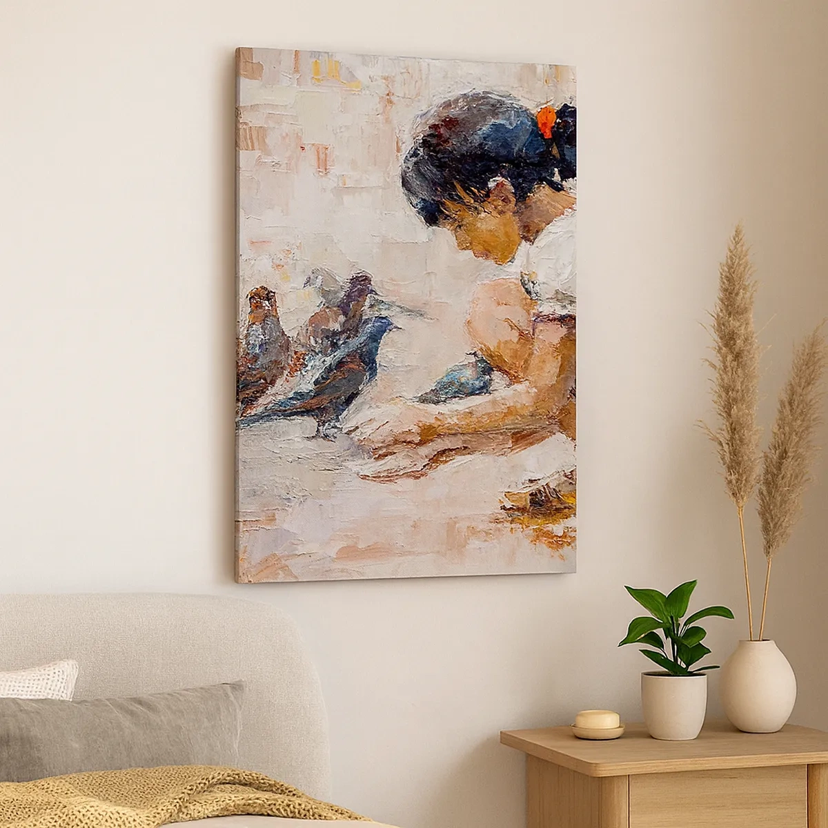 Bild auf Leinwand - Leinwandbild - Ein Mädchen, das Vögel in einem malerischen Stil füttert - 50x70cm - Die Kleinen und die Schönsten - Moderne Wanddekoration für Wohnzimmer und Schlafzimmer ARTTOR