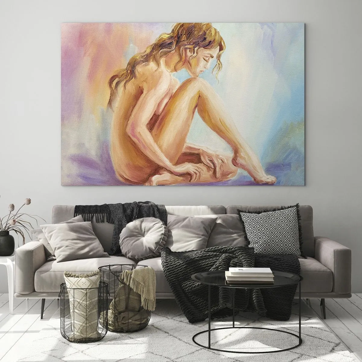 Glasbild - Bild auf glas - Eine Frau in subtiler Reflexion vor einem Hintergrund in Pastellfarben - 100x70cm - Akt der Jugend - Moderne Wanddekoration für Wohnzimmer und Schlafzimmer ARTTOR
