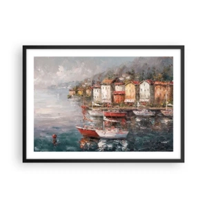 Poster in einem schwarzem Rahmen - Küstenlandschaft mit Booten und bunten Häusern - 70x50cm - Romantische Oase - Moderne Wanddekoration für Wohnzimmer und Schlafzimmer ARTTOR