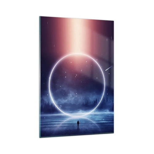 Glasbild - Bild auf glas - Eine magische Landschaft mit einer Figur und einem Lichtkreis bei Nacht - 80x120cm - Sie sind schon da ... - Moderne Wanddekoration für Wohnzimmer und Schlafzimmer ARTTOR