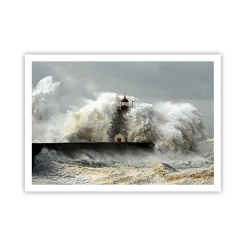 Poster - Ein Leuchtturm, umgeben von rauen Wellen während eines Sturms - 100x70cm - Die Wut des Ozeans - Moderne Wanddekoration für Wohnzimmer und Schlafzimmer ARTTOR