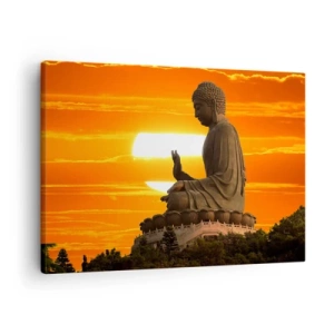 Bild auf Leinwand - Leinwandbild - Eine buddhistische Statue vor dem Hintergrund eines orangefarbenen Sonnenuntergangs - 70x50cm - Keine Angst vor der Welt - Moderne Wanddekoration für Wohnzimmer und Schlafzimmer ARTTOR