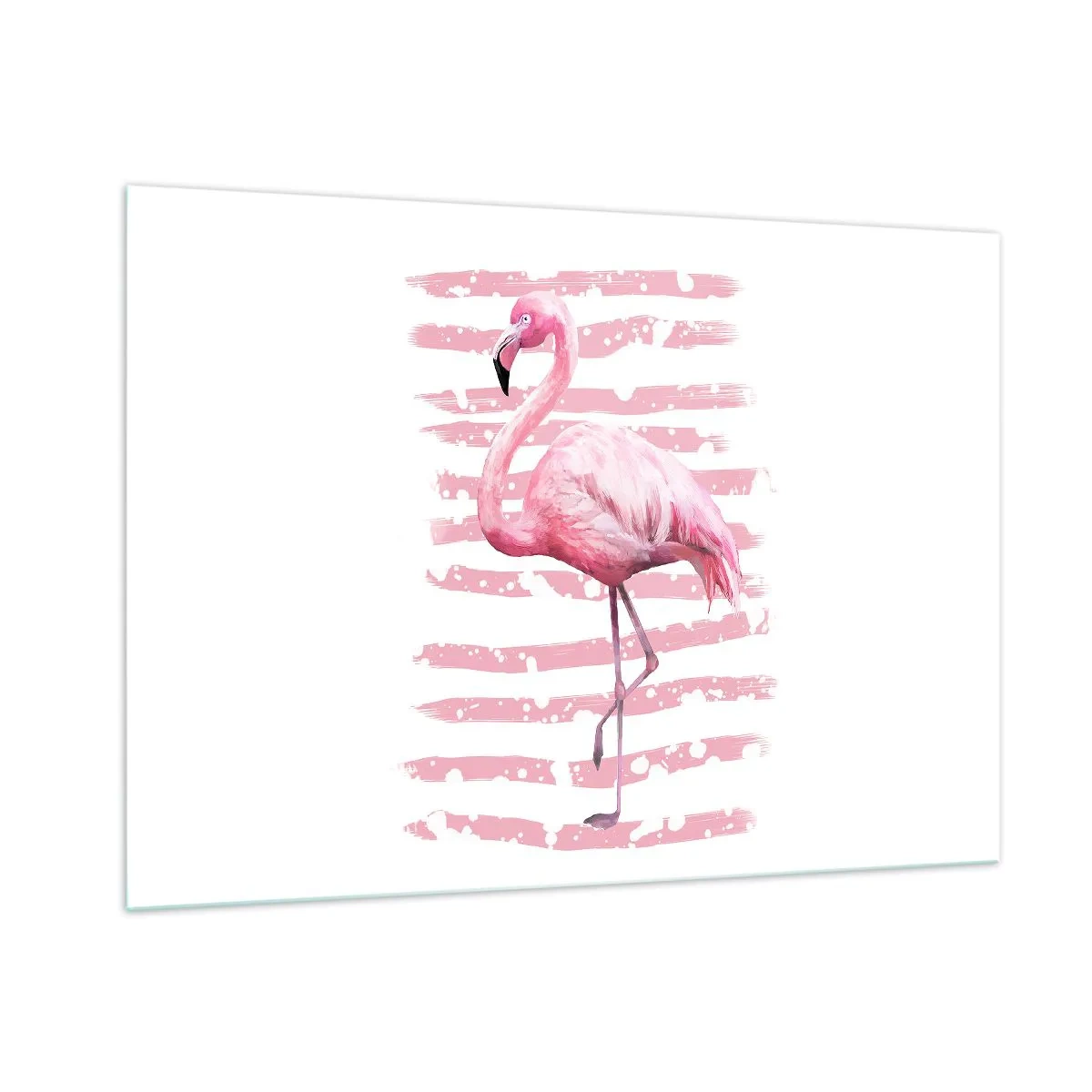 Glasbild - Bild auf glas - Ein rosa Flamingo vor einem Hintergrund aus künstlerischen rosa Streifen. - 100x70cm - In Würde, aber in Pink - Moderne Wanddekoration für Wohnzimmer und Schlafzimmer ARTTOR