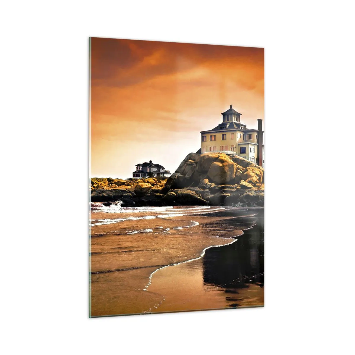 Glasbild - Bild auf glas - Haus auf einer Klippe mit Blick auf das Meer bei Sonnenuntergang - 50x70cm - Eleganz der Westküste - Moderne Wanddekoration für Wohnzimmer und Schlafzimmer ARTTOR
