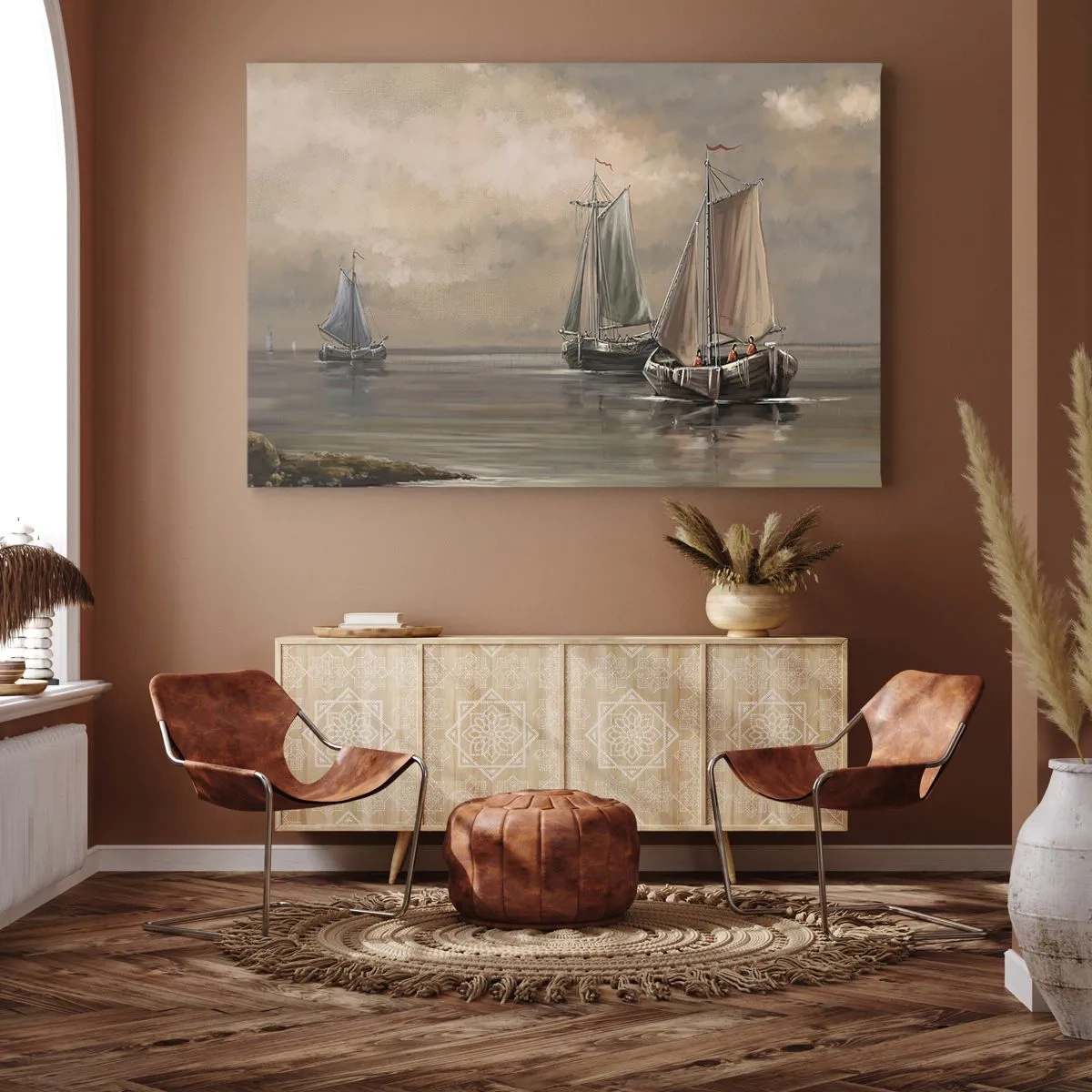 Bild auf Leinwand - Leinwandbild - Segelboote auf ruhigem Meer in pastellfarbener Umgebung - 120x80cm - Die Rückkehr der Matrosen - Moderne Wanddekoration für Wohnzimmer und Schlafzimmer ARTTOR