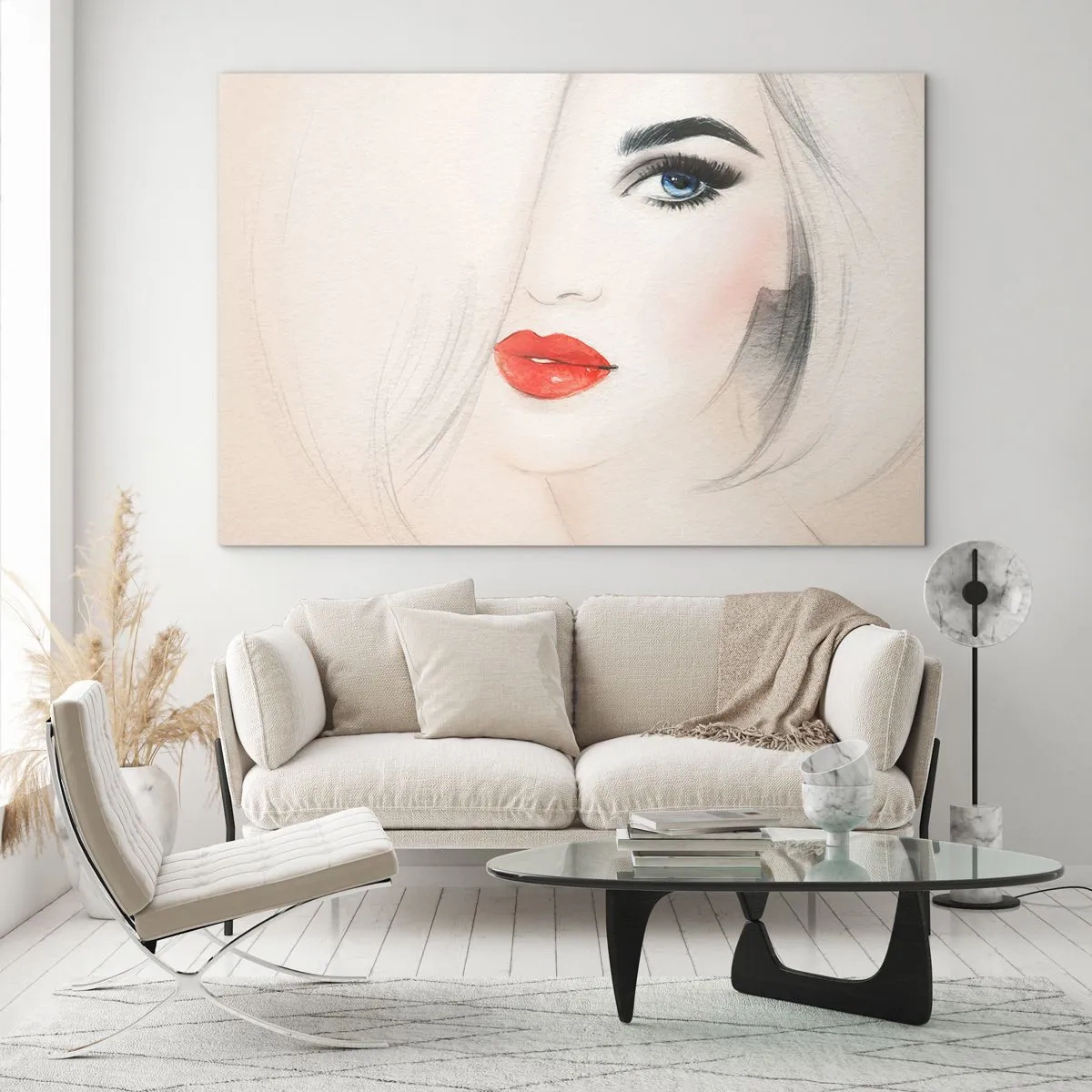Glasbild - Bild auf glas - Porträt einer Frau mit hellem Haar, roten Lippen und blauen Augen - 70x50cm - Es hypnotisiert und berauscht - Moderne Wanddekoration für Wohnzimmer und Schlafzimmer ARTTOR