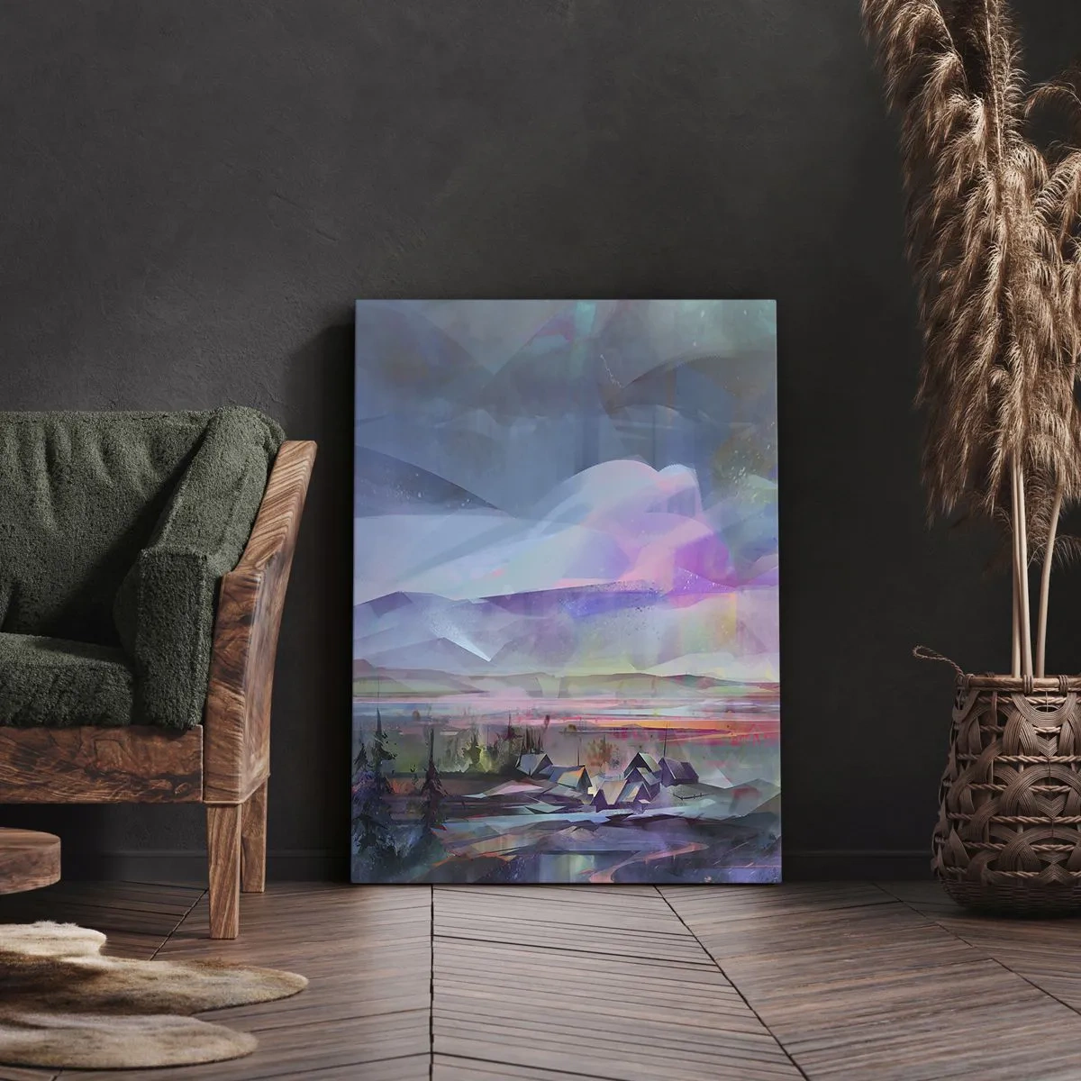 Bild auf Leinwand - Leinwandbild - Berglandschaft mit buntem Himmel und einem Dorf - 50x70cm - Unter einem wohlwollenden Himmel - Moderne Wanddekoration für Wohnzimmer und Schlafzimmer ARTTOR