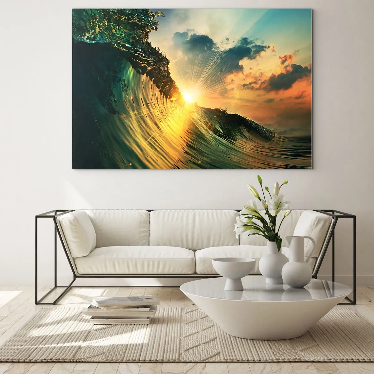 Glasbild - Bild auf glas - Die untergehende Sonne beleuchtet die Meereswellen - 70x50cm - Surfer, wo bist du? - Moderne Wanddekoration für Wohnzimmer und Schlafzimmer ARTTOR