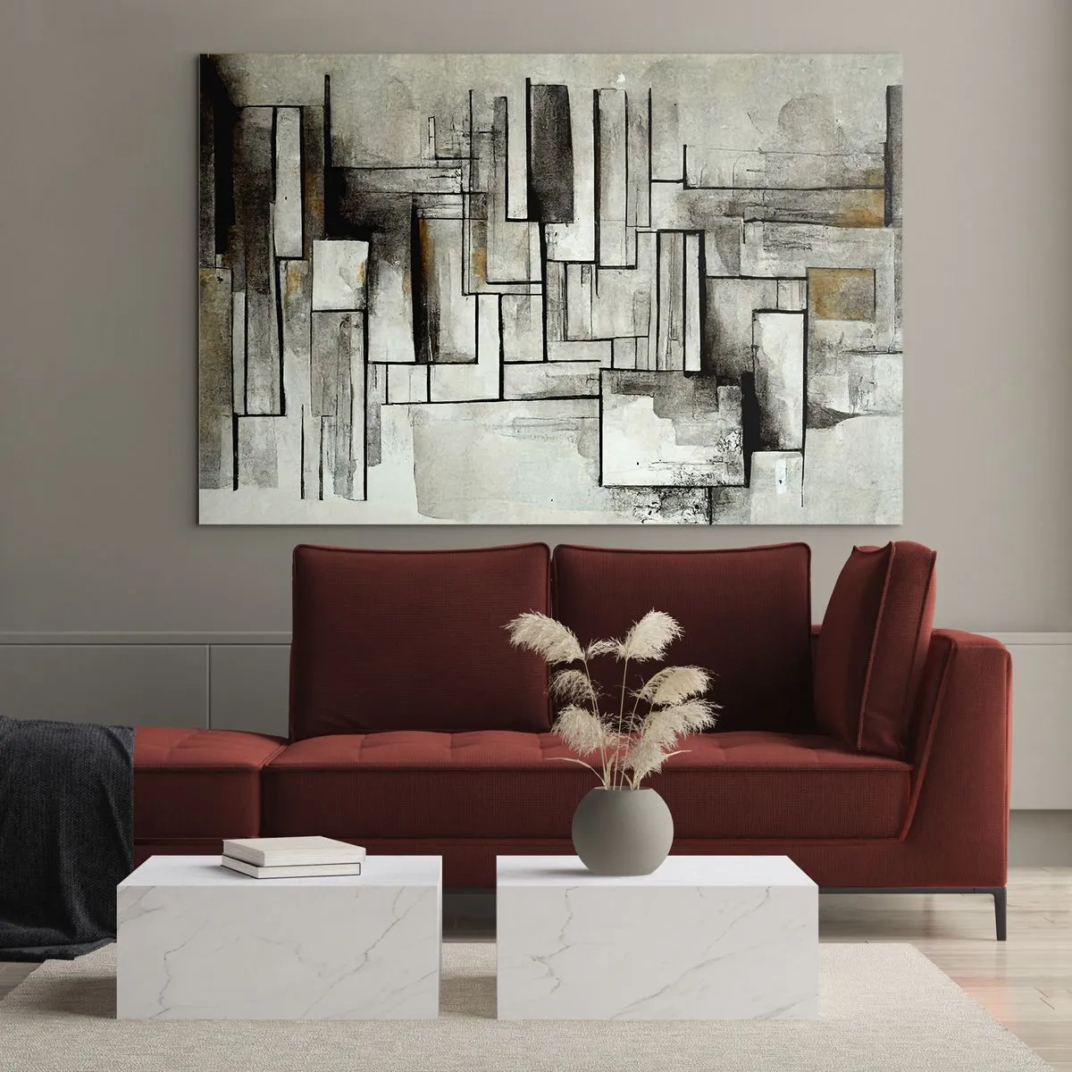 Glasbild - Bild auf glas - Geometrische Komposition aus Rechtecken in gedämpften Grautönen - 70x50cm - Kraft der Einfachheit - Moderne Wanddekoration für Wohnzimmer und Schlafzimmer ARTTOR