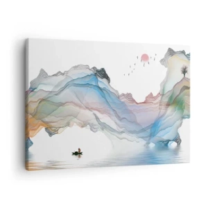 Bild auf Leinwand - Leinwandbild - Eine subtile Landschaft mit Bergen, Wasser und einem Boot - 70x50cm - Zu den Kristallbergen - Moderne Wanddekoration für Wohnzimmer und Schlafzimmer ARTTOR