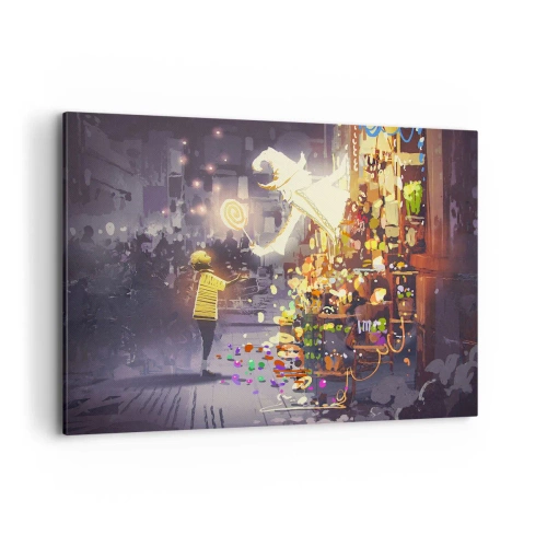 Bild auf Leinwand - Leinwandbild - Eine Märchenfigur und ein Kind auf einer Straße voller Lichter und Magie - 100x70cm - Magie ist da - Moderne Wanddekoration für Wohnzimmer und Schlafzimmer ARTTOR