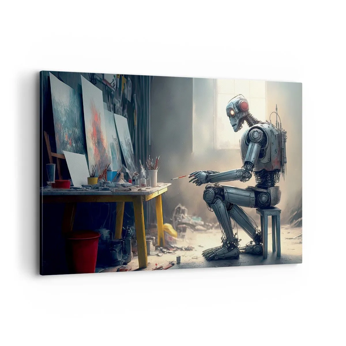 Bild auf Leinwand - Leinwandbild - Ein Roboter malt ein Bild in einem Kunstatelier - 120x80cm - Schöpfungsakt - Moderne Wanddekoration für Wohnzimmer und Schlafzimmer ARTTOR