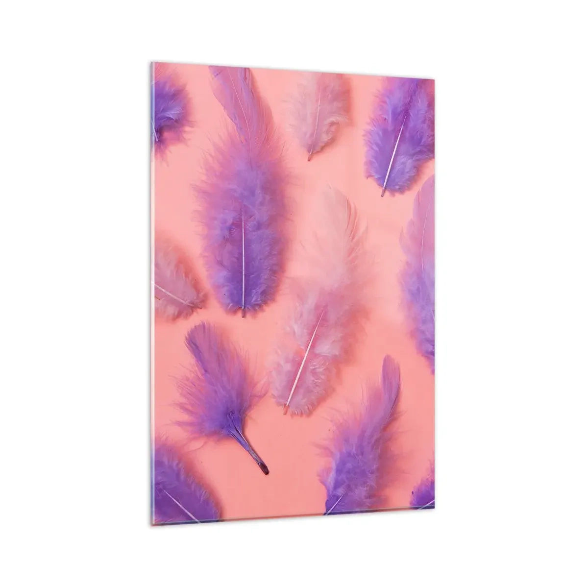Glasbild - Bild auf glas - Lila und rosa Federn auf pastellfarbenem Hintergrund - 80x120cm - Lila Vogel der Begierde - Moderne Wanddekoration für Wohnzimmer und Schlafzimmer ARTTOR