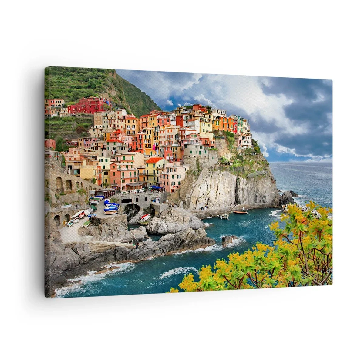 Bild auf Leinwand - Leinwandbild - Bunte Häuser auf einer Klippe mit Blick auf das Meer in Cinque Terre - 70x50cm - Eine Gruppe umarmt die Felsen - Moderne Wanddekoration für Wohnzimmer und Schlafzimmer ARTTOR