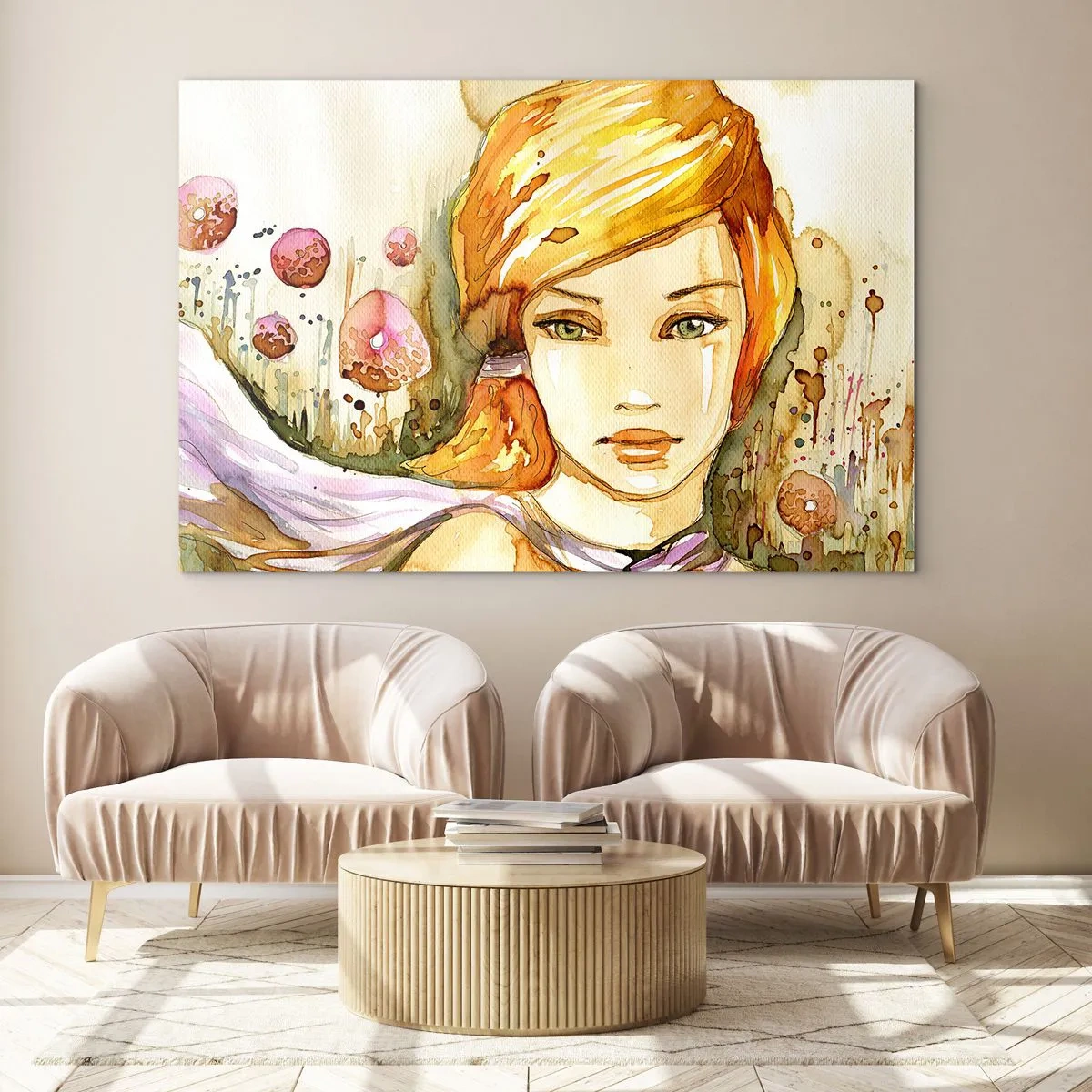 Glasbild - Bild auf glas - Porträt einer Frau im Aquarellstil mit Abstraktion - 120x80cm - Ein smaragdgrüner Look, der die Wut beruhigt - Moderne Wanddekoration für Wohnzimmer und Schlafzimmer ARTTOR