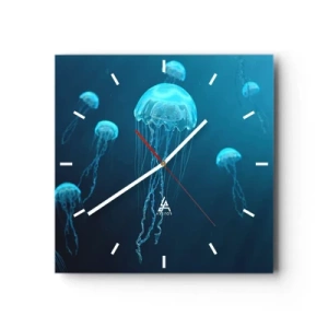 Wanduhr - Glasuhr - Quallen schwimmen in den Tiefen des Ozeans in Blautönen - 30x30cm - Ozeantanz - Moderne Wanddekoration für Wohnzimmer und Schlafzimmer ARTTOR