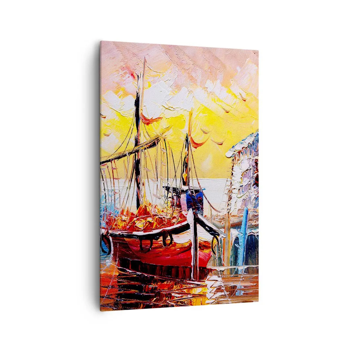 Bild auf Leinwand - Leinwandbild - Malerischer Hafen bei Sonnenuntergang mit Fischerbooten - 80x120cm - Glückliche Rückkehr - Moderne Wanddekoration für Wohnzimmer und Schlafzimmer ARTTOR